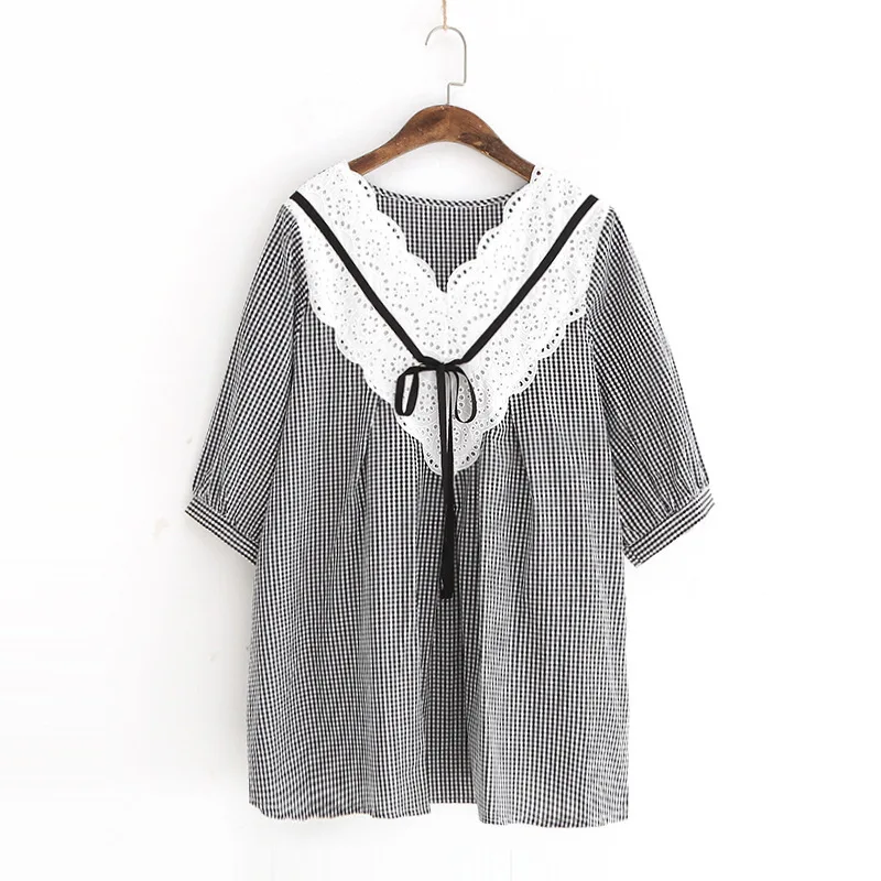 

[EWQ] Summer New Pattern V-collar Short Sleeve Hit Colors Plaid Patchwork Tassel Pullovers Vintage Loose Shirt Women AG11001