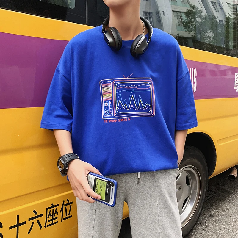 Летняя мужская хлопковая одежда в Корейском стиле с принтом и круглым вырезом, с короткими рукавами, белые/желтые/синие/серые футболки S-3XL - Цвет: blue