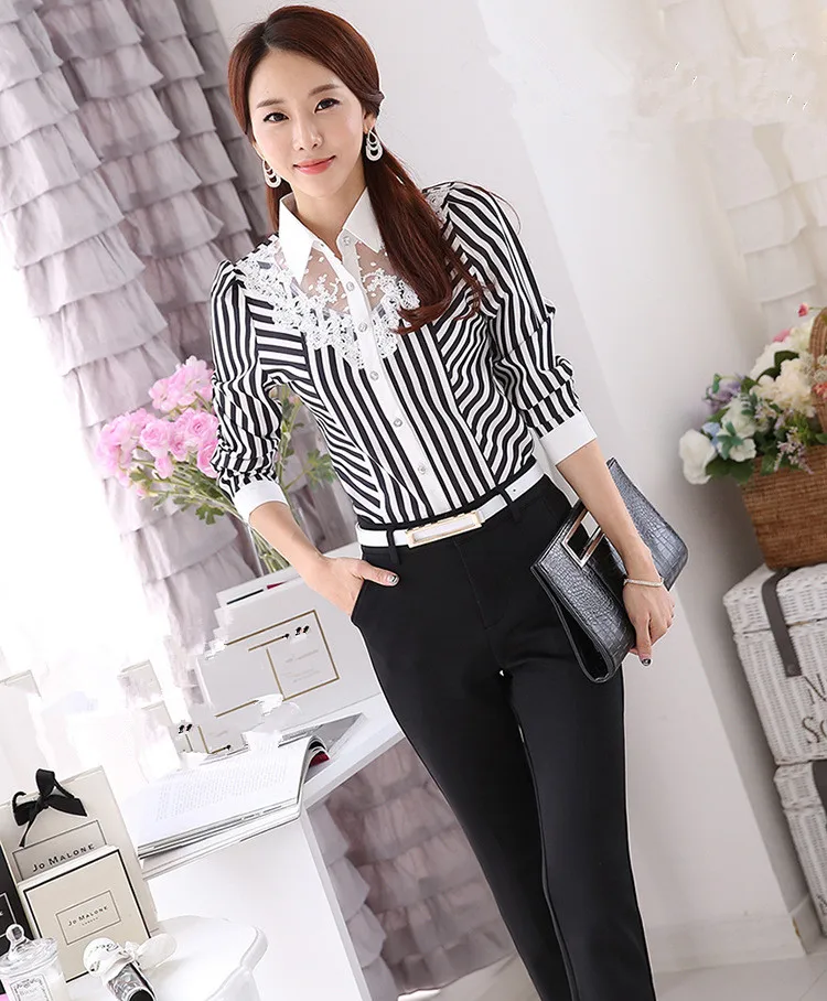 Блузка женская шифоновая в полоску с кружевом|chiffon blouse|ladies shirtscamisa feminina |