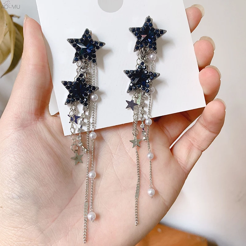 

AOMU 2019 New Korean Fashion Dark Blue Crystal Star Long Metal Chain Tassel Statement Drop Earrings For Women Girl Party Wedding
