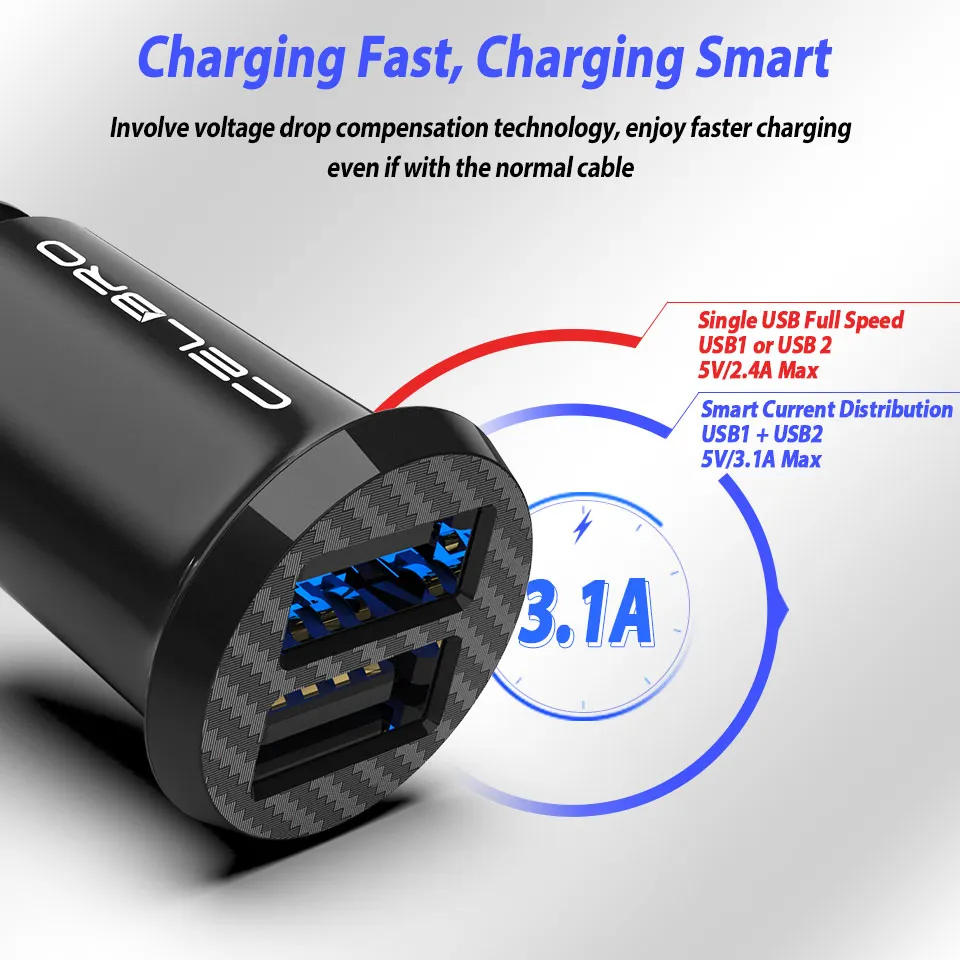 Двойной слот для мини USB Автомобильное зарядное устройство 3.1A микро смартфона