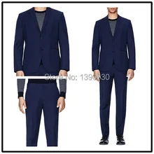 Высокое качество, шерсть, изготовленная на заказ, Однотонная синяя, с отворотами, с одним отверстием, две пуговицы, два предмета, используемые костюмы для мужчин