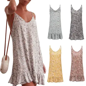 

Fashion Boho Flower Print Summer Beach Party Women Sexy V Neck Ruffled Loose Spaghetti Strap Slings Backless Mini Dress Vestidos