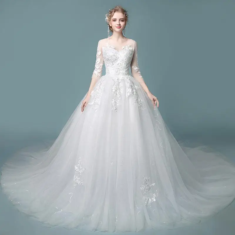

Do Dower Off White Elegant O Neck Wedding Dress 2019 New Vintage Lace Flower Hollow Shining Wedding Dress With Train Casamento L
