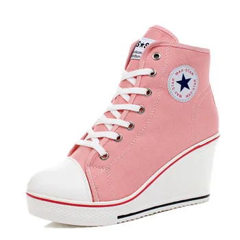 

Women Wedges High Heels Platform Shoes Woman White RED Black Casual Trainers Elevator Shoe High Heels Canvas Shoes Badge