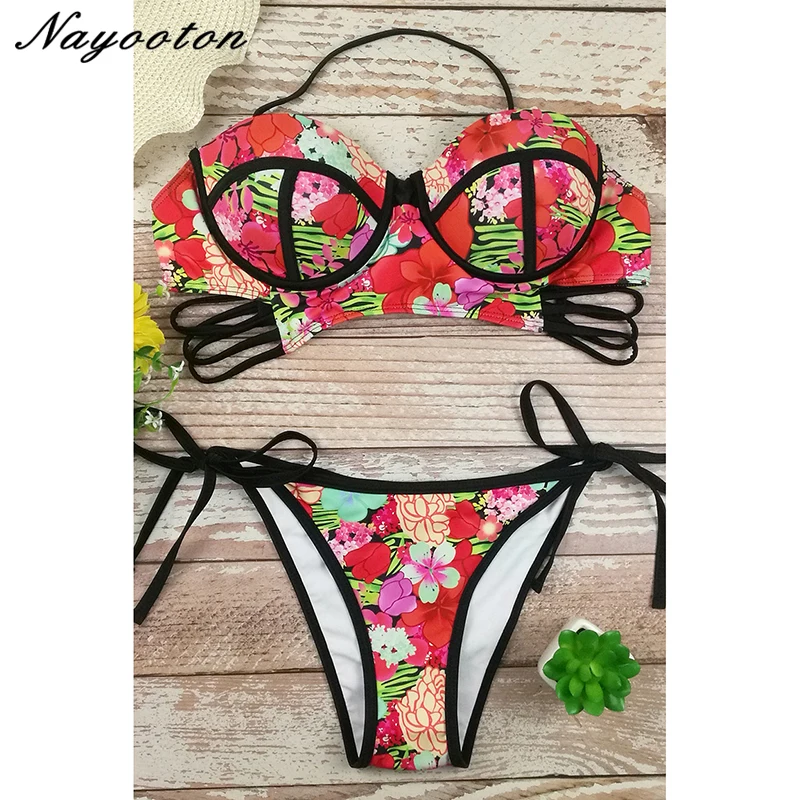 

Push-up underwire Sexy bikini 2019 swimsuit women swimwear printing flower low waist bathing suit bandage bikinis set swimming