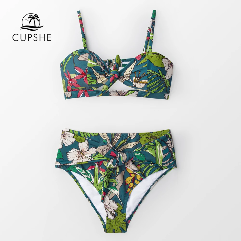 Billige CUPSHE Tropical Floral Print Tie Front Bogen Bikini Sets Frauen Sexy Zwei Stück Badeanzüge 2020 Mädchen Strand Badeanzüge bademode