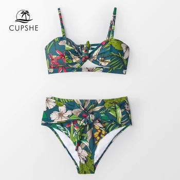 

CUPSHE Tropical Floral Print Tie-Front Bow Bikini Sets Women Sexy Two Pieces Swimsuits 2020 Girl Beach Bathing Suits Swimwear