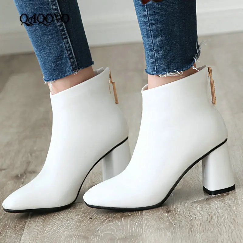 

Spring Autumn Ankle Boots Women Square High Heels Booties Fashion Square Toe Zipper Winter Women Boots Black White Red 2019