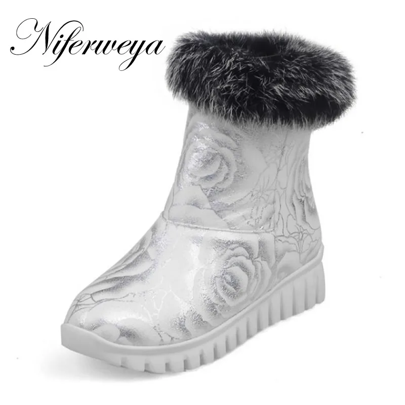 

2016 Fashion winter women Ankle boots Round Toe printing Wedges low heel shoes big size 30-46 Slip-On Snow boots zapatos mujer