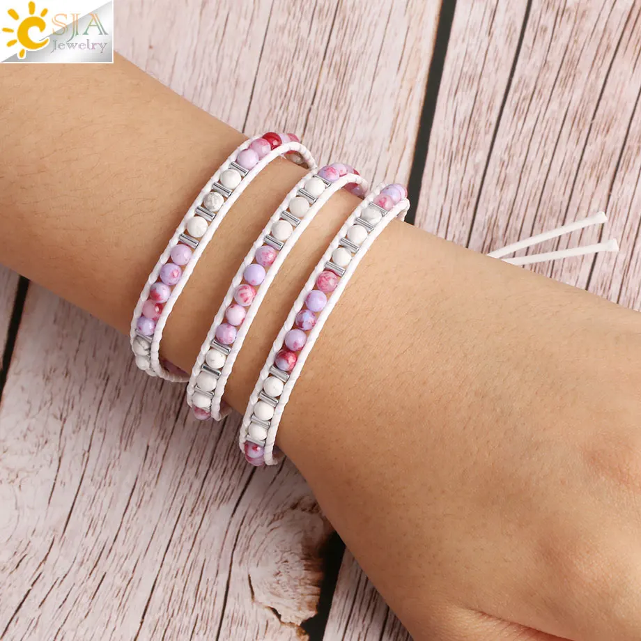 

CSJA Boho White Turquoises Wax Wrap Bracelet for Women Femme Bohemian Agates Natural Stone Beaded Bracelets Bangle 3 Layers S420
