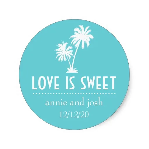 3,8 см тропическим пальмам Love Is Sweet Этикетка(бирюзовый) Классический круглый Стикеры