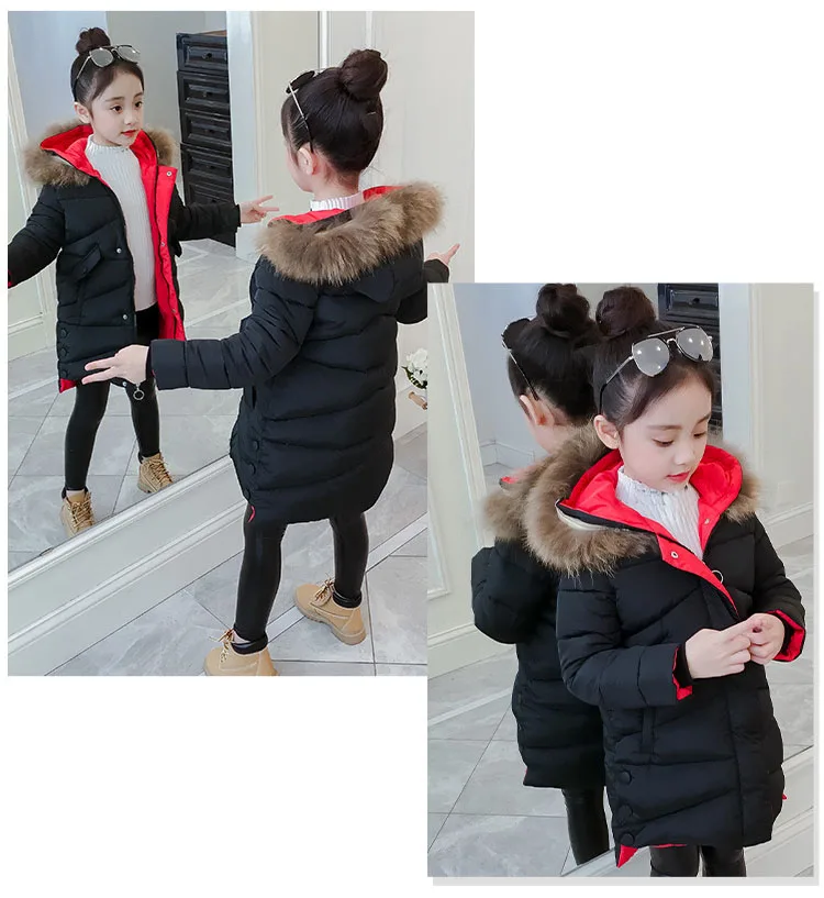 New 2018 Children Outwear Tops Winter Jacket For Girls Fashion Fur Hooded Thick Cotton-Padded Kids Long Coat Solid Parka Clothes (22)