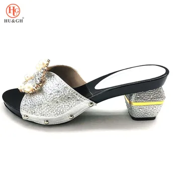 

African Silver Color Slippers Summer High Heels High Quality African Sandals Heels Pumps African Wedding Italian Slipper Shoes