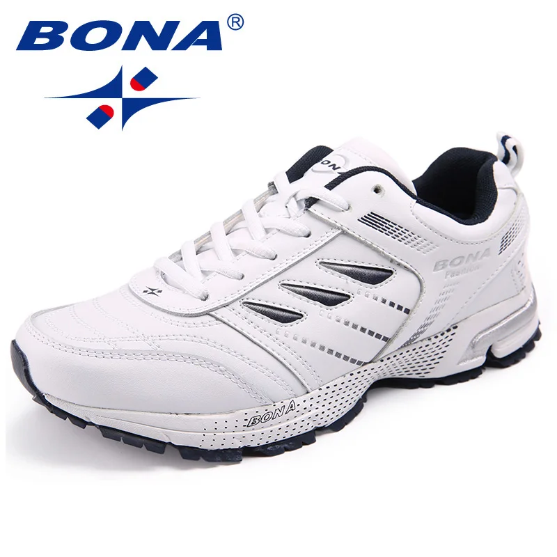 BONA/Новое поступление; классические стильные мужские кроссовки для бега; кожаная мужская спортивная обувь; уличные беговые кроссовки; Быстрая - Цвет: WHITE  DEEP  BLUE