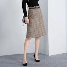 Elegant classic houndstooth belted plaid a line font b skirt b font female