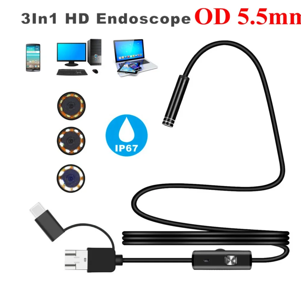 

LESHP 5.5mm Micro USB Type-c USB 3-in-1 Computer Endoscope Borescope Tube Waterproof USB Inspection Video Camera For Android
