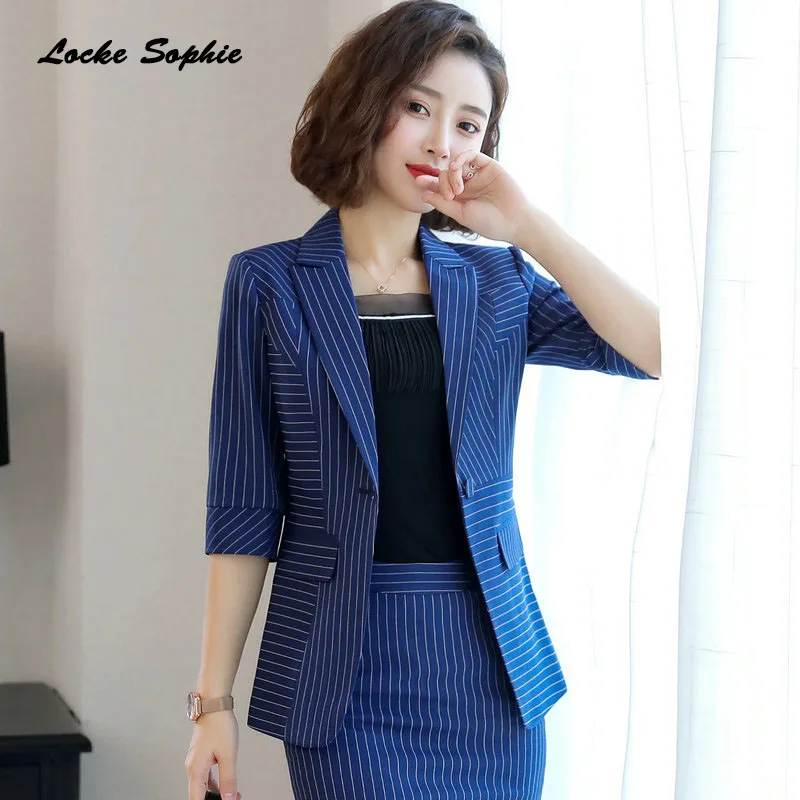 1pcs Women Plus size Blazers coats 2019 Summer cotton Single button stripe Small Suits jackets ladies Skinny Blazers Suits coats