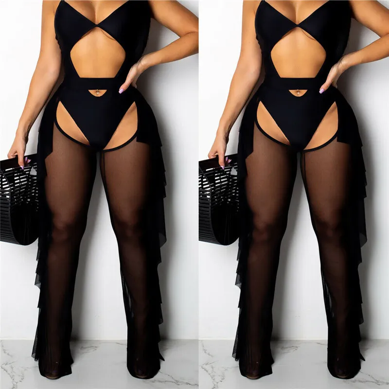 

Women Ruffles See Through Sheer Mesh Bikini Pants Trousers Cover Up Long Pants Swimwear Beachwears Trousers Loose Bottom Pants