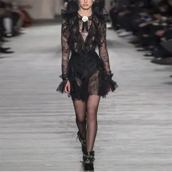 

Women Dress 2019 High Quality Spring Summer Designer Runway O-Neck Flare Sleeve Lace Ruffles Fashion Casual Dresses NP0091