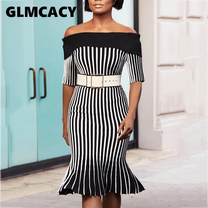 

Women Off Shoulder Striped Fishtail Hem Dress Short Sleeve Trumpet Mermaid Knee-Length Office Lady Summer Party Dress