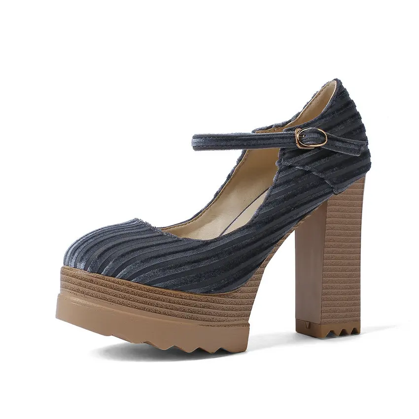 ESVEVA Women Pumps Shoes Ankle Strap Platform 3cm Square High Heels Round Toe Buckle Sandals Shoes Women Concise Size 34-42