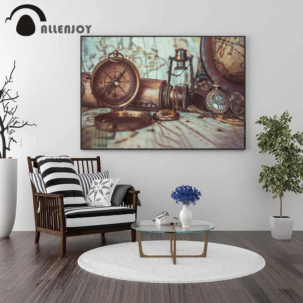 

Allenjoy Retro Canvas Painting Compass Binoculars Globe Wood Floor Navigation Posters Vintage Bronze Wall Pictures for Study