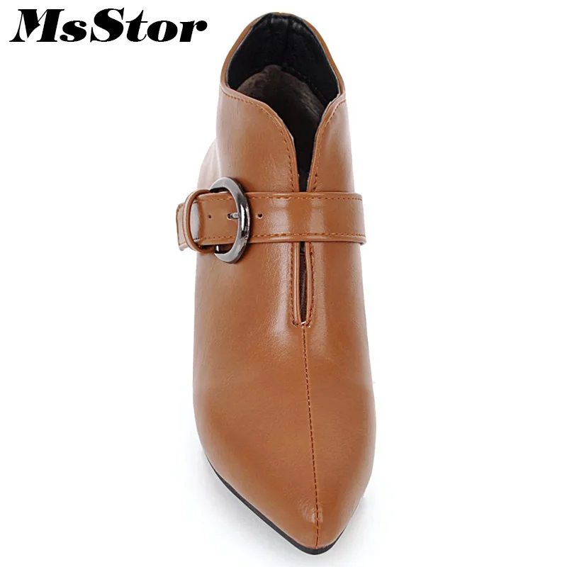 MsStor Women Boots Pointed Toe Med Heel Ankle Boots Women Shoes Metal Buckle Boot Shoes Thin Heels Short Plush Boots For Girl Women's Shoes