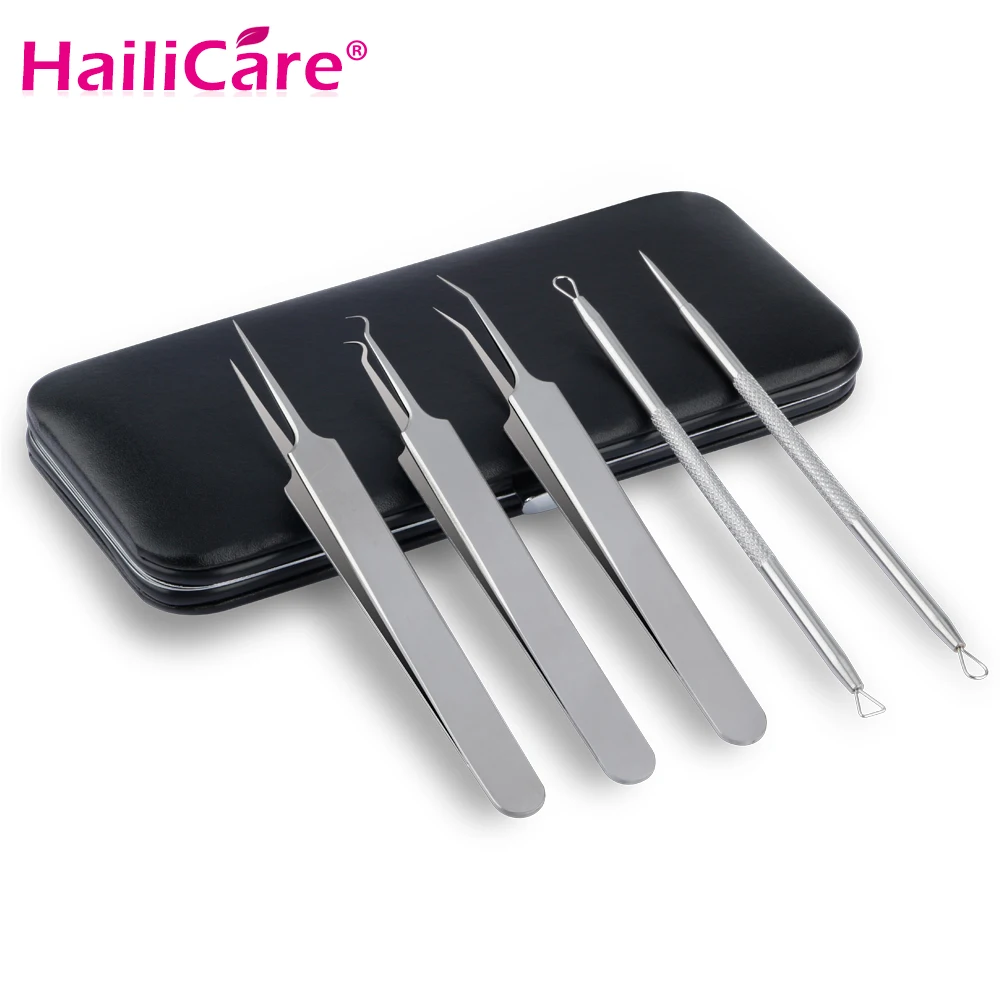 

5 pcs Acne Blackhead Removal Needle Tweezers Face Care Comedone Pimples Blemish Extractor Remover Stainless Steel Leather Case