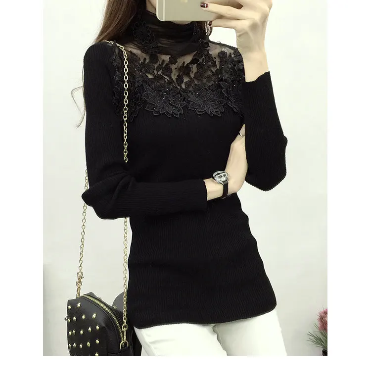 Autumn Winter Sweater Women 2019 Flower Lace Jumper Pull Femm Pink Knitted Sweater Casual Turtleneck Long Sleeve Sueter Mujer (12)