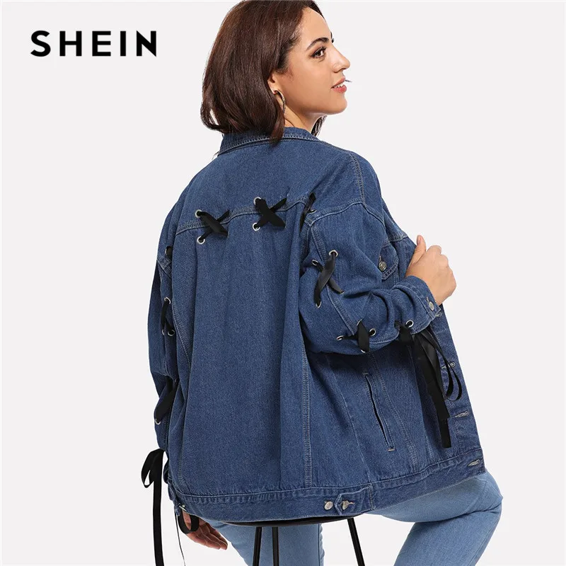 

SHEIN Plus Size Blue Streetwear Grommet Lace Up Design Women Denim Jackets 2018 Casual Autumn Oversized Jean Jakcet And Coat