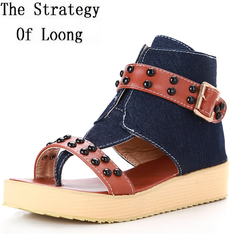 Summer Women Buckle Rivets Flats Denim Ankle Strap Sandals Blue Jean Shoes Chunky Heel Sandals