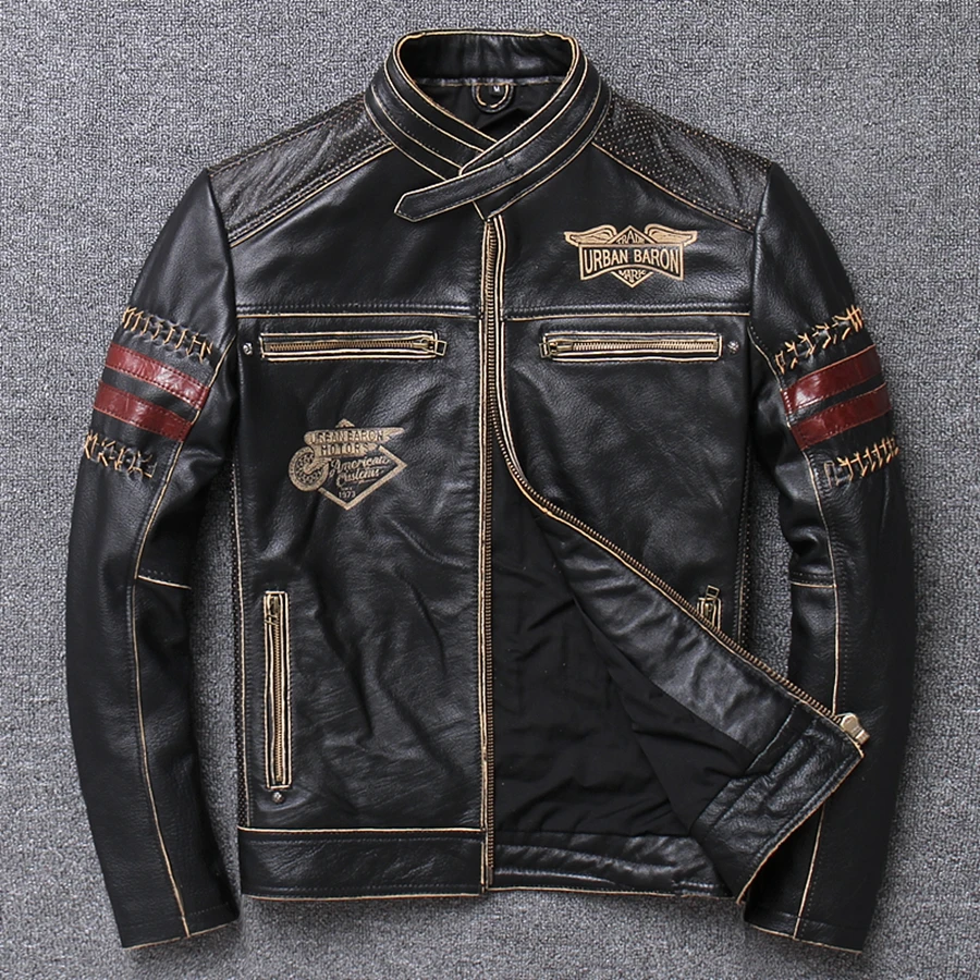 1 шт., Мужская винтажная стильная куртка из натуральной воловьей кожи, байкерская куртка для мотокросса, облегающая мотоциклетная куртка