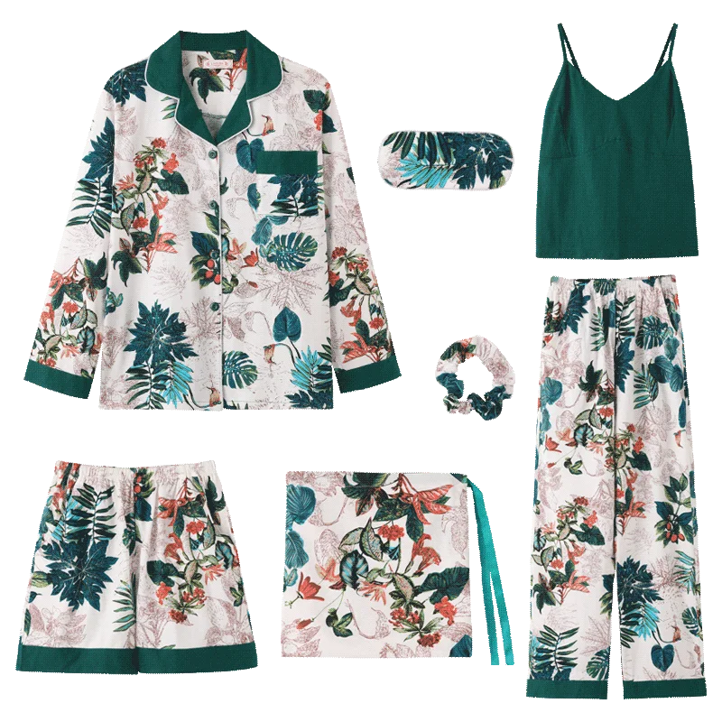 

2018 Autumn Winter 7 Pieces Set Cotton Elegant Women Pajamas Full Shorts Long Sleeve Top Elastic Waist Pants Silk Lounge Robe