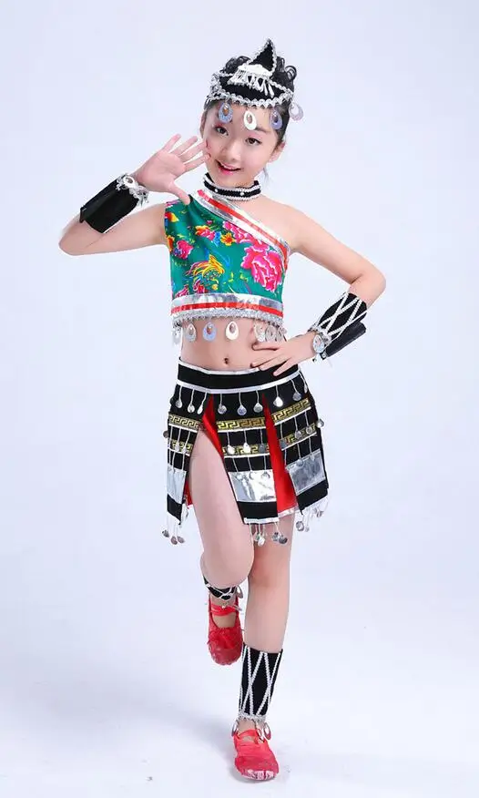 Головной убор с блестками для девочек Hmong китайские национальные танцевальные костюмы дети представление танцы одежда фестиваль наряды Топы юбка - Цвет: Прозрачный
