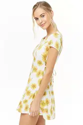 Платье с цветочным рисунком Мини Короткое платье трапециевидной формы с высокой талией женские летние платья Sukienki желтый белый бандаж