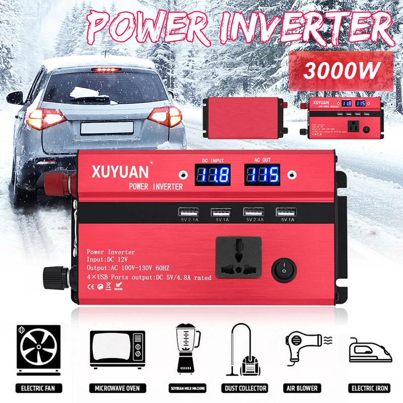 VicTsing Car Power Inverter DC 24V to AC 220V 3000W Inverter Pure Sine 4 USB Ports 1 Socket Power Inverter Charger 12V to 220V   (8)