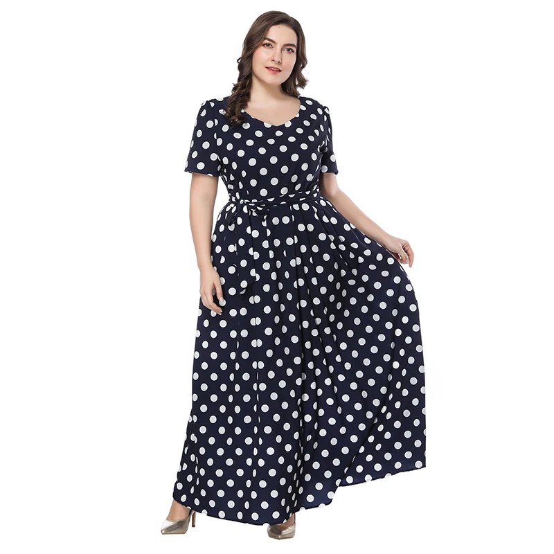 

Womens Vintage Wave Dot Maxi Dress Short Sleeve High Waist Sashes Female Summer A-Line Swing Gown Long Dress XL-7XL Big Size