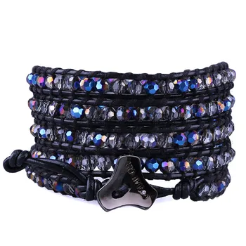 

Crystal Beads 5 Strands Leather Wrap Bracelet Multi-color Unique Handmade Boho Jewelry Women Mens Adjustable Leather Bracelet