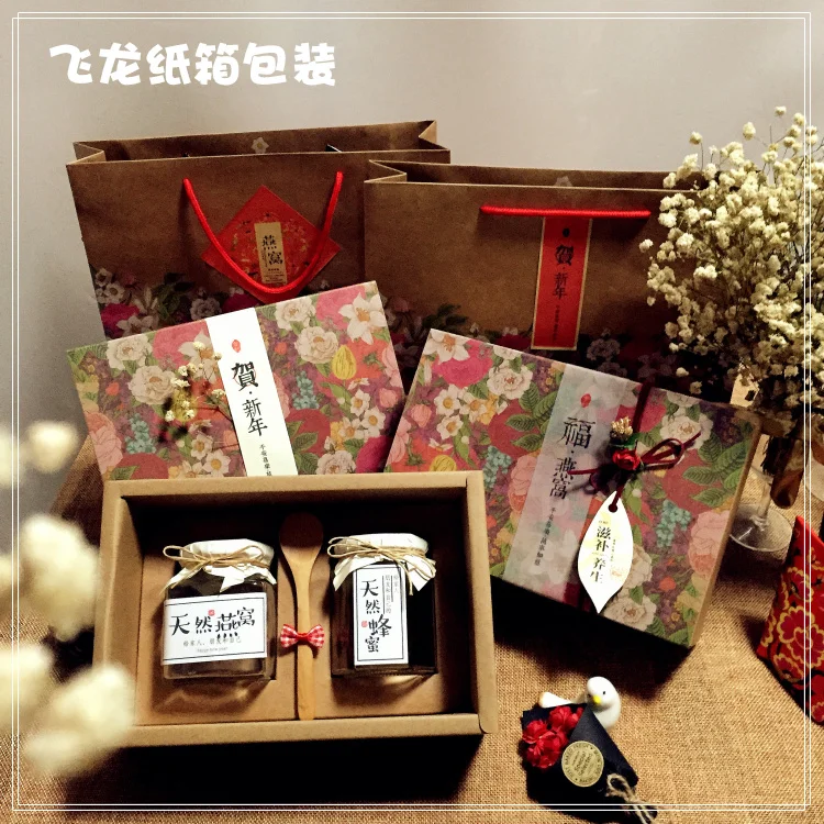

23.5*15.5*8.5cm High Quality Designer Kraft Paper Box For 180ml Six Prism Bottle+200ml Square Bottle Jam/Honey/Spice/Sauce Box