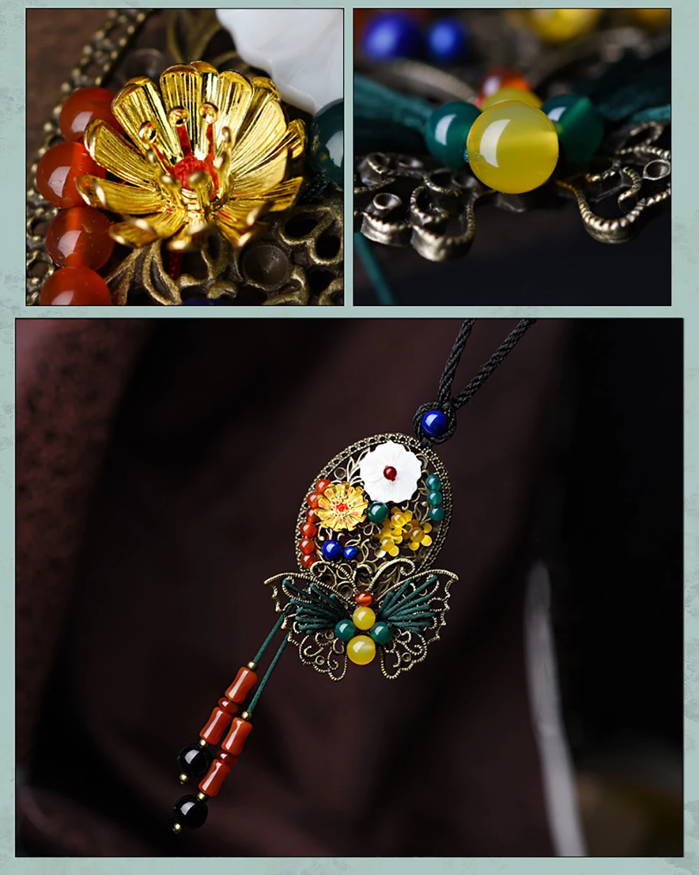 BOEYCJR, элегантное и ретро этническое ожерелье из натурального камня, ручная работа, ювелирное изделие, цепочка, винтажное ожерелье с подвеской для женщин, подарок