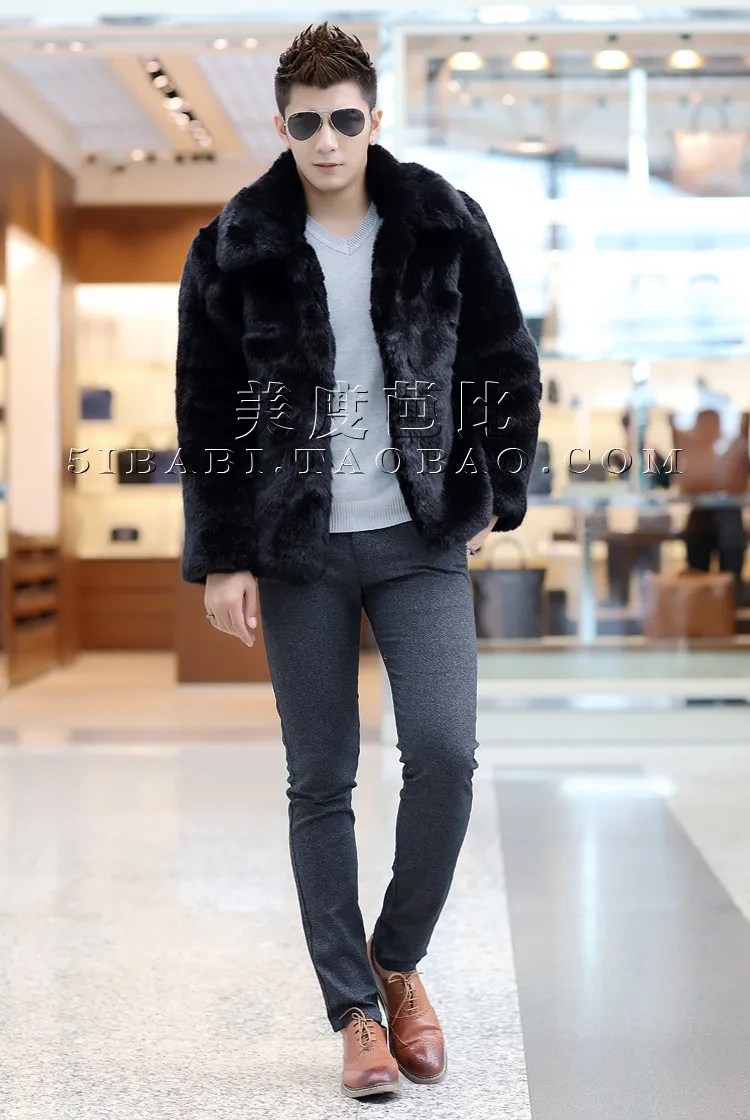 dark brown leather jacket New 2018 winter fashion men faux fur jacket Soft and comfortable warm rabbit fur Turn-down Collar solid color  fur coat leather varsity jacket