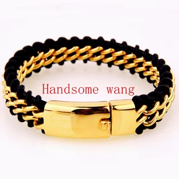 

8.66"*16mm 80g Gold Color 316L Stainless Steel Link Chain Magnetic Clasp Black Color Braided Leather Bracelet Men's Wristband