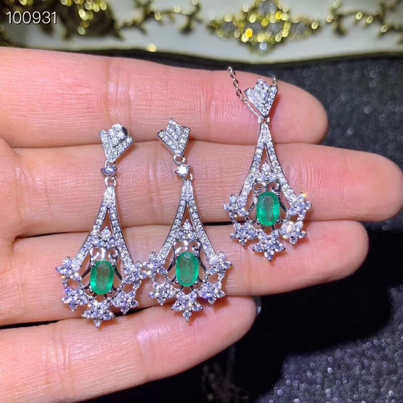 

Natural green emerald Pendant Earrings Natural Gemstone Jewelry Set S925 Silver Restoring Fan Hollowing Women party gift jewelry