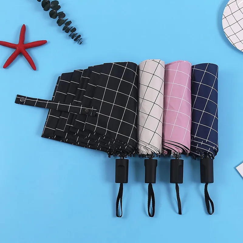 

4 Colors Durable Parasol Umbrella Lattice Pattern Umbrella Rain Women UV-proof Three Folding Sunshade Umbrellas