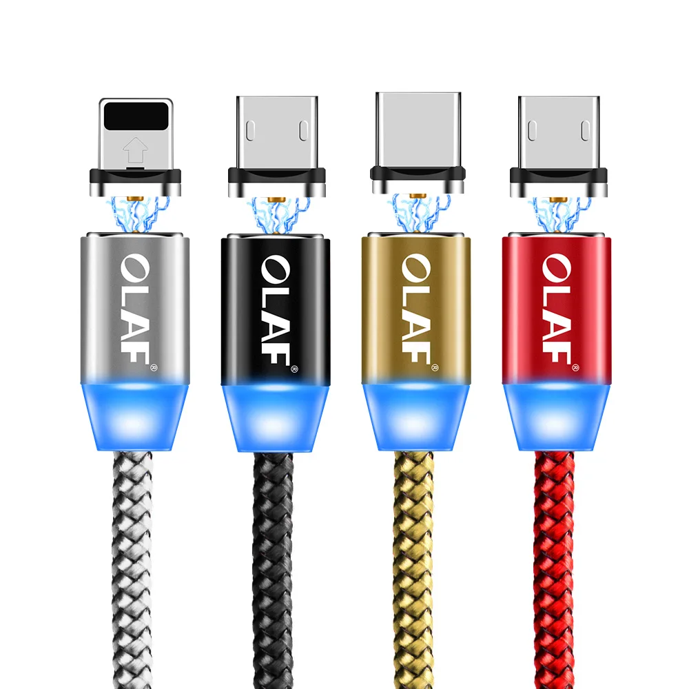 Магнитный зарядный кабель OLAF 1 м, кабель Micro USB для iPhone XR XS Max X Magnet charger usb type C, светодиодный шнур для зарядки USB C
