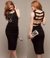 New Classic Black Soft Modal Cotton Women Backless Stripe Fashion Casual Maxi Mid-Calf Bodycon Pencil Party Dress Free Shipping