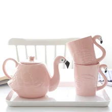 Ensemble théière tasse à eau en céramique | Ins Flamingo rose, ensemble théière avec poignée marque de maison, service à thé pour boire
