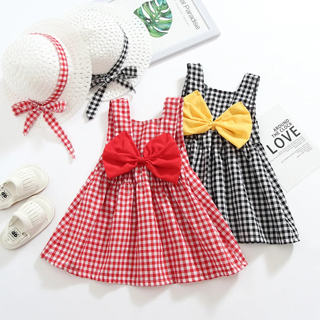 

Toddler Kid Baby Girl Plaid Printed Bow Princess Dress+Hat Outfits Set Clothes Summer Dress