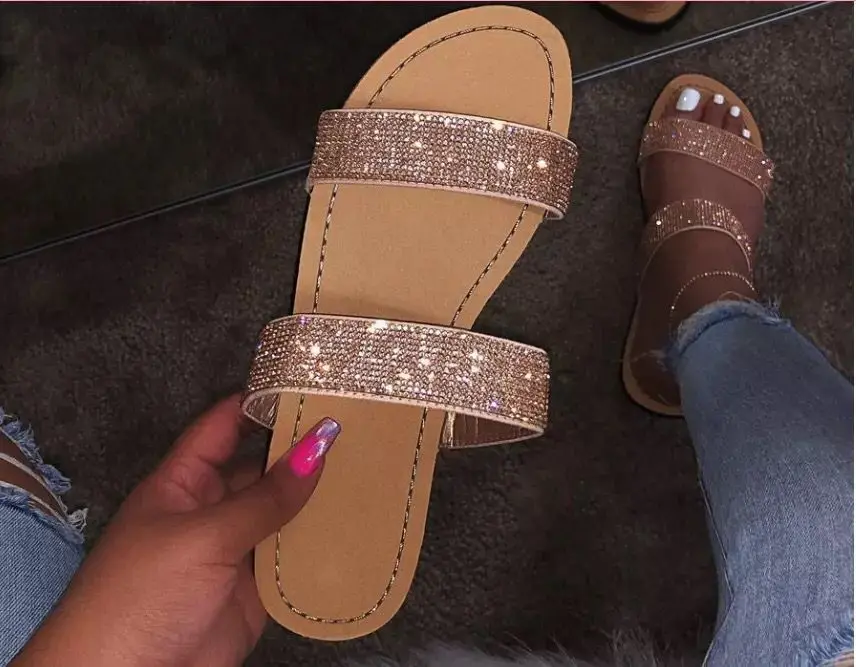 

Factory direct 2019 new women rhinestone double-layer non-slip durable Bright color soft noodle fashion temperament slippers